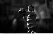 7 October 2024; (EDITOR'S NOTE; Image has been converted to black & white) Andrew Porter throws an American football during a Leinster rugby squad training session at UCD in Dublin. Photo by Piaras Ó Mídheach/Sportsfile