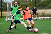 7 October 2024; Siun Kirby, right, in against against Sophie Byrne during the FAI/ Fingal Girls' TY Course at TUD in Blanchardstown, Dublin. Photo by Shauna Clinton/Sportsfile