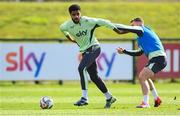 7 October 2024; Andrew Omobamidele and Jack Taylor, right, during a Republic of Ireland training session at the FAI National Training Centre in Abbotstown, Dublin. Photo by Stephen McCarthy/Sportsfile