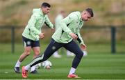 8 October 2024; Evan Ferguson, right, and Josh Cullen during a Republic of Ireland training session at the FAI National Training Centre in Abbotstown, Dublin. Photo by Stephen McCarthy/Sportsfile