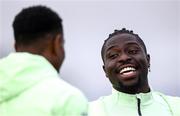 8 October 2024; Festy Ebosele, right, and Chiedozie Ogbene during a Republic of Ireland training session at the FAI National Training Centre in Abbotstown, Dublin. Photo by Stephen McCarthy/Sportsfile