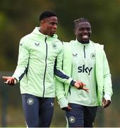 8 October 2024; Chiedozie Ogbene, left, and Festy Ebosele during a Republic of Ireland training session at the FAI National Training Centre in Abbotstown, Dublin. Photo by Stephen McCarthy/Sportsfile