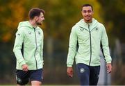 8 October 2024; Jayson Molumby, left, and Adam Idah during a Republic of Ireland training session at the FAI National Training Centre in Abbotstown, Dublin. Photo by Stephen McCarthy/Sportsfile