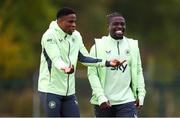 8 October 2024; Chiedozie Ogbene, left, and Festy Ebosele during a Republic of Ireland training session at the FAI National Training Centre in Abbotstown, Dublin. Photo by Stephen McCarthy/Sportsfile