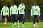 8 October 2024; Republic of Ireland players, from left, Jayson Molumby, Adam Idah, Chiedozie Ogbene and Festy Ebosele during a Republic of Ireland training session at the FAI National Training Centre in Abbotstown, Dublin. Photo by Stephen McCarthy/Sportsfile