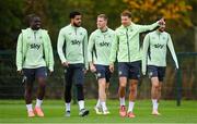 8 October 2024; Republic of Ireland players, from left, Festy Ebosele, Andrew Omobamidele, Mark McGuinness, Kasey McAteer and Finn Azaz during a Republic of Ireland training session at the FAI National Training Centre in Abbotstown, Dublin. Photo by Stephen McCarthy/Sportsfile