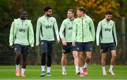 8 October 2024; Republic of Ireland players, from left, Festy Ebosele, Andrew Omobamidele, Mark McGuinness, Kasey McAteer and Finn Azaz during a Republic of Ireland training session at the FAI National Training Centre in Abbotstown, Dublin. Photo by Stephen McCarthy/Sportsfile