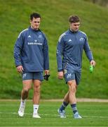 8 October 2024; Billy Burns, left, and Jack Crowley arrive for Munster rugby squad training at University of Limerick in Limerick. Photo by Brendan Moran/Sportsfile