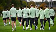 8 October 2024; Adam Idah, right, and team-mates leave after a Republic of Ireland training session at the FAI National Training Centre in Abbotstown, Dublin. Photo by Stephen McCarthy/Sportsfile