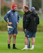 8 October 2024; John Hodnett, left, with attack coach Mike Prendergast during Munster rugby squad training at University of Limerick in Limerick. Photo by Brendan Moran/Sportsfile