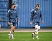 8 October 2024; Shane Daly, left, and Gavin Coombes arrive for Munster rugby squad training at University of Limerick in Limerick. Photo by Brendan Moran/Sportsfile