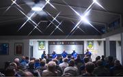 8 October 2024; (EDITORS NOTE: A special effects camera filter was used for this image.) OLSC President Alan Mooney, left, in conversation with Leinster coaches, from left to right, Robin McBryde, Jacques Nienaber, Tyler Bleyendaal and Leo Cullen, during a Leinster Rugby Supporters Q&A at Bective Rangers RFC in Dublin. Photo by Ramsey Cardy/Sportsfile