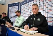 9 October 2024; Head coach Heimir Hallgrimsson and Nathan Collins during a Republic of Ireland press conference at the Helsinki Olympic Stadium in Helsinki, Finland. Photo by Stephen McCarthy/Sportsfile