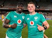 9 October 2024; Ireland players Sean Edogbo, left, and Danny Sheahan celebrate after the Toyota Challenge Match between Toyota Cheetahs and Emerging Ireland at Toyota Stadium in Bloemfontein, South Africa. Photo by Johan Pretorius/Sportsfile