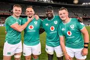 9 October 2024; Ireland players, from left, Zac Ward, Jack Aungier, Sean Edogbo and Danny Sheahan celebrate after the Toyota Challenge Match between Toyota Cheetahs and Emerging Ireland at Toyota Stadium in Bloemfontein, South Africa. Photo by Johan Pretorius/Sportsfile