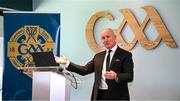 10 October 2024; GAA Football Review Committee chairperson Jim Gavin speaking during a briefing of the GAA Football Review Committee at Croke Park in Dublin. Photo by Seb Daly/Sportsfile