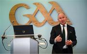 10 October 2024; GAA Football Review Committee chairperson Jim Gavin speaking during a briefing of the GAA Football Review Committee at Croke Park in Dublin. Photo by Seb Daly/Sportsfile