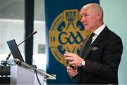 10 October 2024; GAA Football Review Committee chairperson Jim Gavin speaking during a briefing of the GAA Football Review Committee at Croke Park in Dublin. Photo by Seb Daly/Sportsfile