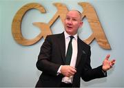 10 October 2024; GAA Football Review Committee chairperson Jim Gavin speaking during a briefing of the GAA Football Review Committee at Croke Park in Dublin. Photo by Seb Daly/Sportsfile
