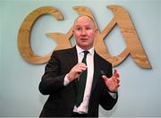 10 October 2024; GAA Football Review Committee chairperson Jim Gavin speaking during a briefing of the GAA Football Review Committee at Croke Park in Dublin. Photo by Seb Daly/Sportsfile