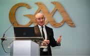 10 October 2024; GAA Football Review Committee chairperson Jim Gavin speaking during a briefing of the GAA Football Review Committee at Croke Park in Dublin. Photo by Seb Daly/Sportsfile
