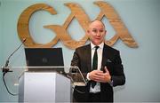 10 October 2024; GAA Football Review Committee chairperson Jim Gavin speaking during a briefing of the GAA Football Review Committee at Croke Park in Dublin. Photo by Seb Daly/Sportsfile