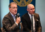 10 October 2024; GAA Football Review Committee member Alec McQuillan, left, speaking during a briefing of the GAA Football Review Committee at Croke Park in Dublin. Photo by Seb Daly/Sportsfile
