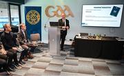 10 October 2024; GAA Football Review Committee chairperson Jim Gavin speaking during a briefing of the GAA Football Review Committee at Croke Park in Dublin. Photo by Seb Daly/Sportsfile