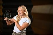 10 October 2024; Eimear McAnespie from Monaghan club Emyvale is pictured with The Croke Park Hotel/LGFA Player of the Month award for September 2024, at The Croke Park Hotel on Jones Road in Dublin. Eimear captained Emyvale to a first county senior title on September 29, producing a player of the match display in the process. Photo by Sam Barnes/Sportsfile