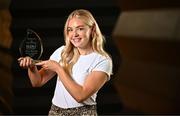 10 October 2024; Eimear McAnespie from Monaghan club Emyvale is pictured with The Croke Park Hotel/LGFA Player of the Month award for September 2024, at The Croke Park Hotel on Jones Road in Dublin. Eimear captained Emyvale to a first county senior title on September 29, producing a player of the match display in the process. Photo by Sam Barnes/Sportsfile