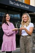 10 October 2024; Eimear McAnespie from Monaghan club Emyvale is presented with The Croke Park Hotel/LGFA Player of the Month award for September 2024 by Ina Lazar, Assistant Director of Sales, The Croke Park Hotel, at The Croke Park Hotel on Jones Road in Dublin. Eimear captained Emyvale to a first county senior title on September 29, producing a player of the match display in the process. Photo by Sam Barnes/Sportsfile