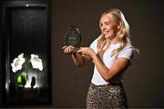10 October 2024; Eimear McAnespie from Monaghan club Emyvale is pictured with The Croke Park Hotel/LGFA Player of the Month award for September 2024, at The Croke Park Hotel on Jones Road in Dublin. Eimear captained Emyvale to a first county senior title on September 29, producing a player of the match display in the process. Photo by Sam Barnes/Sportsfile