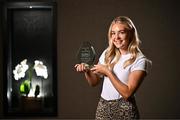 10 October 2024; Eimear McAnespie from Monaghan club Emyvale is pictured with The Croke Park Hotel/LGFA Player of the Month award for September 2024, at The Croke Park Hotel on Jones Road in Dublin. Eimear captained Emyvale to a first county senior title on September 29, producing a player of the match display in the process. Photo by Sam Barnes/Sportsfile