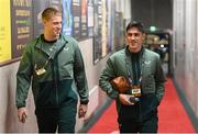 10 October 2024; Mark McGuinness, left, and Jamie McGrath of Republic of Ireland arrive before the UEFA Nations League B Group 2 match between Finland and Republic of Ireland at the Helsinki Olympic Stadium in Helsinki, Finland. Photo by Stephen McCarthy/Sportsfile