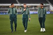 10 October 2024; Republic of Ireland players, from left, Adam Idah, Kasey McAteer and Andrew Omobamidele before the UEFA Nations League B Group 2 match between Finland and Republic of Ireland at the Helsinki Olympic Stadium in Helsinki, Finland. Photo by Stephen McCarthy/Sportsfile