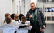 10 October 2024; Republic of Ireland head coach Heimir Hallgrimsson greets the mascots before the UEFA Nations League B Group 2 match between Finland and Republic of Ireland at the Helsinki Olympic Stadium in Helsinki, Finland. Photo by Stephen McCarthy/Sportsfile