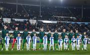 10 October 2024; Republic of Ireland players stand for the playing of Amhrán na bhFiann before the UEFA Nations League B Group 2 match between Finland and Republic of Ireland at the Helsinki Olympic Stadium in Helsinki, Finland. Photo by Stephen McCarthy/Sportsfile