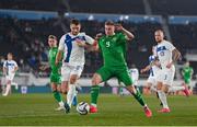 10 October 2024; Arttu Hoskonen of Finland in action against Evan Ferguson of Republic of Ireland during the UEFA Nations League B Group 2 match between Finland and Republic of Ireland at the Helsinki Olympic Stadium in Helsinki, Finland. Photo by Stephen McCarthy/Sportsfile