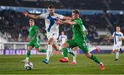 10 October 2024; Arttu Hoskonen of Finland in action against Evan Ferguson of Republic of Ireland during the UEFA Nations League B Group 2 match between Finland and Republic of Ireland at the Helsinki Olympic Stadium in Helsinki, Finland. Photo by Stephen McCarthy/Sportsfile