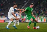 10 October 2024; Evan Ferguson of Republic of Ireland in action against Arttu Hoskonen of Finland during the UEFA Nations League B Group 2 match between Finland and Republic of Ireland at the Helsinki Olympic Stadium in Helsinki, Finland. Photo by Stephen McCarthy/Sportsfile