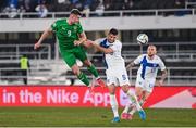 10 October 2024; Evan Ferguson of Republic of Ireland has a header on goal despite the attention of Arttu Hoskonen of Finland during the UEFA Nations League B Group 2 match between Finland and Republic of Ireland at the Helsinki Olympic Stadium in Helsinki, Finland. Photo by Stephen McCarthy/Sportsfile