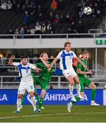 10 October 2024; Liam Scales of Republic of Ireland scores his side's first goal during the UEFA Nations League B Group 2 match between Finland and Republic of Ireland at the Helsinki Olympic Stadium in Helsinki, Finland. Photo by Stephen McCarthy/Sportsfile