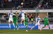 10 October 2024; Liam Scales of Republic of Ireland scores his side's first goal during the UEFA Nations League B Group 2 match between Finland and Republic of Ireland at the Helsinki Olympic Stadium in Helsinki, Finland. Photo by Stephen McCarthy/Sportsfile