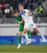 10 October 2024; Nathan Collins of Republic of Ireland in action against Joel Pohjanpalo of Finland during the UEFA Nations League B Group 2 match between Finland and Republic of Ireland at the Helsinki Olympic Stadium in Helsinki, Finland. Photo by Stephen McCarthy/Sportsfile