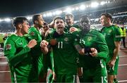 10 October 2024; Robbie Brady of Republic of Ireland, centre, celebrates with teammates after scoring their side's second goal during the UEFA Nations League B Group 2 match between Finland and Republic of Ireland at the Helsinki Olympic Stadium in Helsinki, Finland. Photo by Stephen McCarthy/Sportsfile