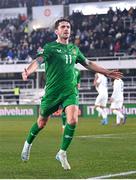 10 October 2024; Robbie Brady of Republic of Ireland celebrates after scoring his side's second goal during the UEFA Nations League B Group 2 match between Finland and Republic of Ireland at the Helsinki Olympic Stadium in Helsinki, Finland. Photo by Stephen McCarthy/Sportsfile
