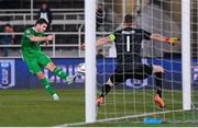 10 October 2024; Robbie Brady of Republic of Ireland scores his side's second goal during the UEFA Nations League B Group 2 match between Finland and Republic of Ireland at the Helsinki Olympic Stadium in Helsinki, Finland. Photo by Stephen McCarthy/Sportsfile