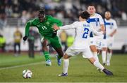 10 October 2024; Festy Ebosele of Republic of Ireland in action against Tomas Galvez of Finland during the UEFA Nations League B Group 2 match between Finland and Republic of Ireland at the Helsinki Olympic Stadium in Helsinki, Finland. Photo by Stephen McCarthy/Sportsfile
