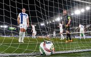 10 October 2024; Finland goalkeeper Lukas Hradecky, right, and Robin Lod of Finland react after their side concede their first goal, scored by Liam Scales of Republic of Ireland, during the UEFA Nations League B Group 2 match between Finland and Republic of Ireland at the Helsinki Olympic Stadium in Helsinki, Finland. Photo by Stephen McCarthy/Sportsfile
