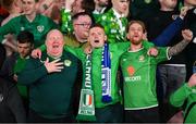 10 October 2024; Republic of Ireland supporters, from left, Patrick Hegarty, Ray Hyland and David Cummins celebrate after the UEFA Nations League B Group 2 match between Finland and Republic of Ireland at the Helsinki Olympic Stadium in Helsinki, Finland. Photo by Stephen McCarthy/Sportsfile